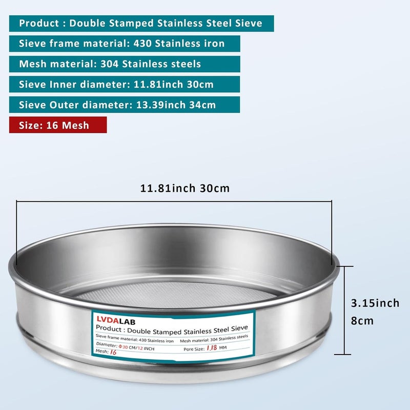 LVDALAB 304 Stainless Steel Lab Sieve Screen Mesh, 16 Mesh(1.18mm) Aperture Test Sieve, 12Inch(30cm) Diameter Economy Standard Analysis Sample Test Sieves for Industrial Laboratory Homes - Image 2